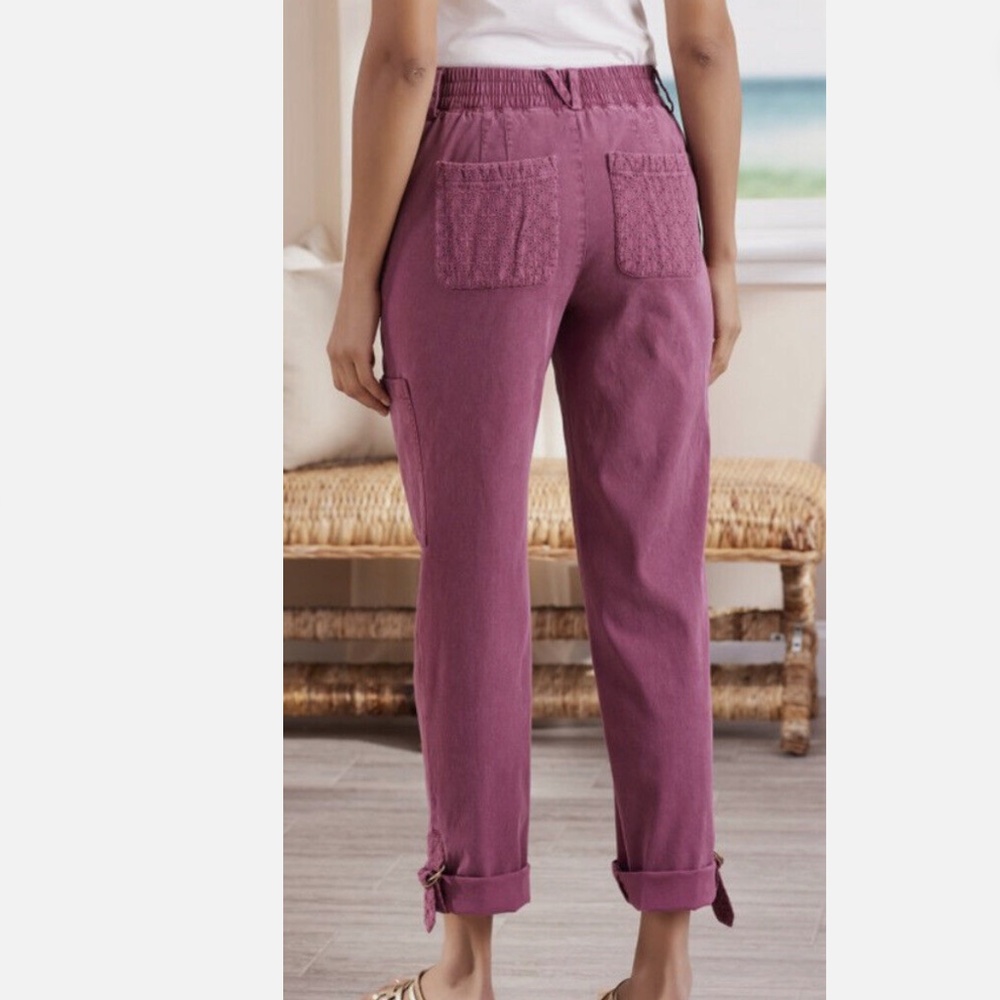 Soft Surroundings Womens Pants M Pink Burgundy Eyelet Crop Coastal Cargo Mira - Picture 1 of 10